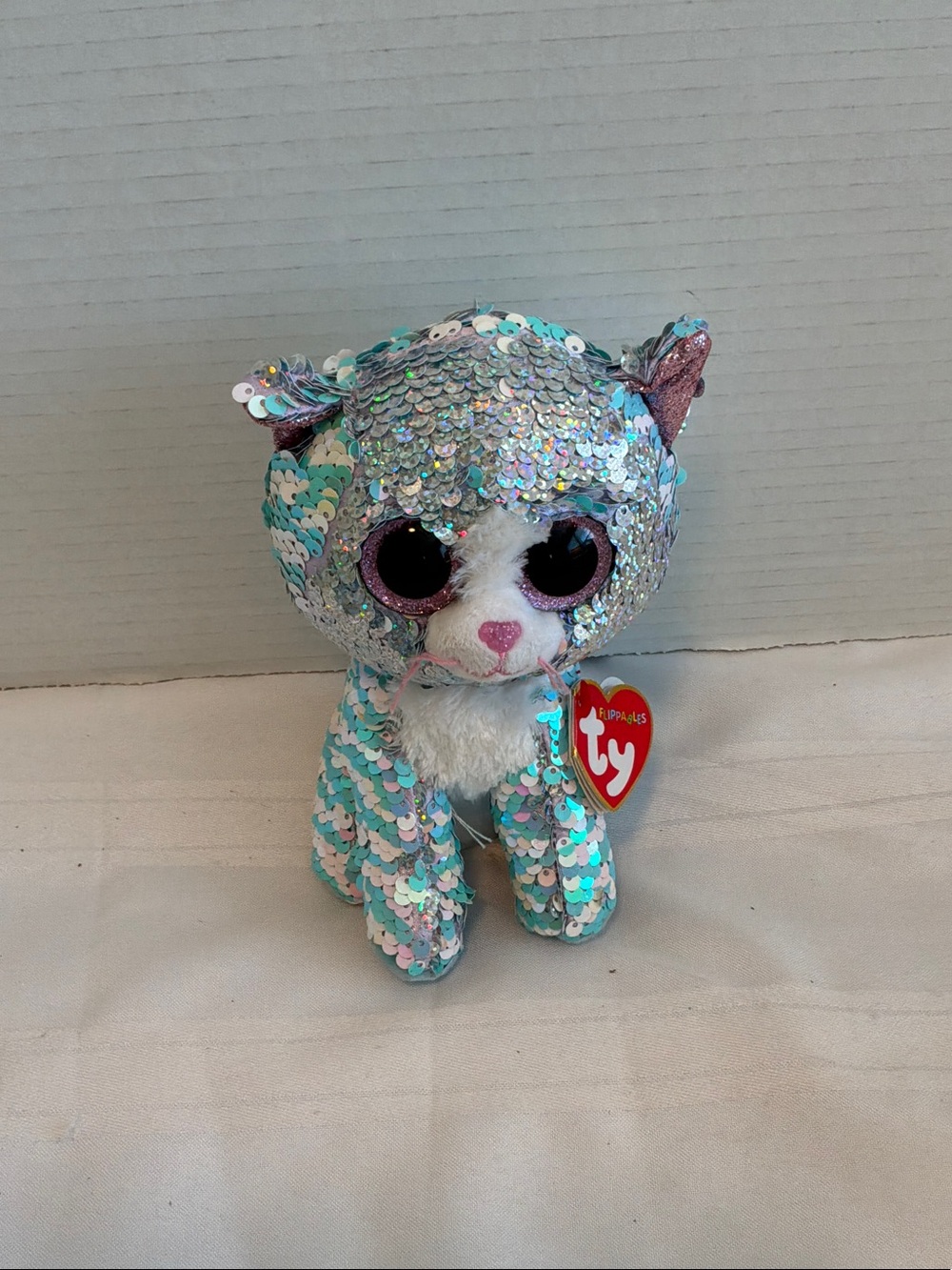 Ty Sequin Cat Plush in Aqua, Silver and Pink Accents Whimsy